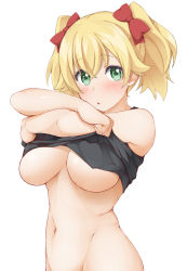 Rule 34 | 1girl, bare shoulders, black tank top, blonde hair, blush, bottomless, bow, breasts, green eyes, groin, hair bow, hair ornament, hinata masaki, lapis re:lights, large breasts, lavie (lapis re:lights), looking at viewer, navel, no panties, open mouth, short hair, simple background, solo, tank top, twintails, underboob, undressing, upper body, white background