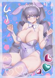 Rule 34 | 1girl, abstract background, absurdres, animal ears, bare shoulders, blush, breasts, cleavage, detached collar, dot mouth, drill hair, hands up, highres, large breasts, leotard, long hair, looking at viewer, maid headdress, moasu, neck ribbon, on ground, original, outline, purple eyes, purple hair, purple leotard, purple thighhighs, rabbit ears, rabbit tail, ribbon, sitting, skindentation, solo, tail, thighhighs, twin drills, very long hair, wrist ribbon