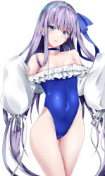 Rule 34 | 1girl, bare shoulders, blue eyes, blue ribbon, blush, breasts, choker, collarbone, fate/grand order, fate (series), frilled one-piece swimsuit, frills, hair ribbon, highleg, highleg swimsuit, long hair, long sleeves, looking at viewer, meltryllis, meltryllis (fate), meltryllis (swimsuit lancer) (fate), meltryllis (swimsuit lancer) (second ascension) (fate), off-shoulder one-piece swimsuit, off shoulder, one-piece swimsuit, parted lips, puffy sleeves, purple hair, ribbon, shirosuzu, sleeves past fingers, sleeves past wrists, small breasts, smile, solo, swimsuit, thighs, very long hair, white ribbon