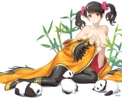 Rule 34 | 1girl, absurdres, animal, arm support, artist name, black hair, black pantyhose, breasts, brown eyes, cleavage, collarbone, floating hair, flower, full body, hair flower, hair ornament, high heels, highres, large breasts, ling xiaoyu, long hair, open clothes, panda, pantyhose, pink flower, pumps, resolution mismatch, simple background, sitting, solo, songdaesic, source smaller, swept bangs, tekken, twintails, white background, yellow footwear