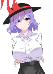 Rule 34 | 1girl, absurdres, arms under breasts, black hat, black skirt, blush, bow, breasts, closed mouth, collared shirt, commentary, hat, hat bow, high-waist skirt, highres, large breasts, long sleeves, nagae iku, purple hair, red bow, red eyes, shirt, short hair, simple background, skirt, smile, solo, touhou, white background, white shirt, xen0moonz