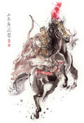 Rule 34 | armor, arrow (projectile), black hair, bow (weapon), cape, chinese clothes, hair bun, headband, horse, horseback riding, hua rong, male focus, outlaws of the marsh, painting (medium), riding, simple background, single hair bun, traditional media, watercolor (medium), weapon, white background
