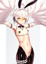 Rule 34 | 1girl, actinium89, ahoge, arm garter, armpits, arms up, black necktie, breasts, cleft of venus, commentary request, commission, cowboy shot, fake tail, feathers, grey hair, hair between eyes, harpy, heart maebari, heart pasties, highres, maebari, maid headdress, meme attire, monster girl, navel, necktie, original, pasties, pussy, reverse bunnysuit, reverse outfit, short hair, skeb commission, small breasts, solo, tail, white feathers, white hair, white wings, wings, yellow eyes