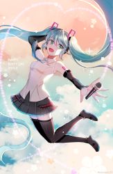 Rule 34 | 1girl, bad id, bad pixiv id, black footwear, black hairband, black skirt, black sleeves, blue hair, blue necktie, boots, collared shirt, detached sleeves, floating hair, full body, green eyes, hair between eyes, hair ornament, hairband, hatsune miku, long hair, long sleeves, microphone, miniskirt, necktie, outstretched arm, outstretched hand, pleated skirt, sandeul, shirt, skirt, sleeveless, sleeveless shirt, solo, sparkle, thigh boots, thighhighs, twintails, very long hair, vocaloid, white shirt, wing collar, zettai ryouiki
