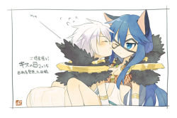 Rule 34 | 2girls, animal ears, argyle, argyle bikini, argyle clothes, ark kan, bikini, bikini top only, blue eyes, blue hair, blush, breasts, cat ears, cleavage, closed eyes, closed mouth, commentary request, detached sleeves, dress, eye mask, feet out of frame, fur collar, goinkyo, hair between eyes, long hair, looking at another, medium breasts, multiple girls, one eye closed, ragnarok online, red bikini, short hair, simple background, sorcerer (ragnarok online), swimsuit, translation request, white background, white dress, white hair, white sleeves, yuri