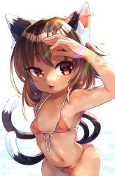 Rule 34 | 1girl, :3, :d, alternate costume, animal ear fluff, animal ears, bikini, breasts, brown eyes, brown hair, cat ears, cat tail, chen, covering own eyes, cowboy shot, earrings, fangs, highres, ibaraki natou, jewelry, light rays, multiple tails, navel, nekomata, no headwear, open mouth, red bikini, short hair, single earring, small breasts, smile, solo, standing, swimsuit, tail, touhou, two tails, white background