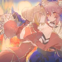 Rule 34 | 2girls, ahoge, animal ears, bad id, bad pixiv id, bare shoulders, blonde hair, breasts, cleavage, dancing, dress, fate/extra, fate (series), fox ears, fox girl, green eyes, hair between eyes, hair intakes, japanese clothes, kibadori rue, large breasts, looking at another, multiple girls, nero claudius (fate), nero claudius (fate) (all), pink hair, red dress, tamamo (fate), yellow eyes