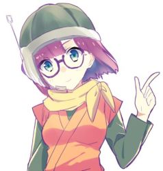 Rule 34 | 1girl, breasts, chrono trigger, closed mouth, eka eri, glasses, helmet, looking at viewer, lowres, lucca ashtear, purple hair, scarf, short hair, simple background, smile, solo, totemotsu rai, white background