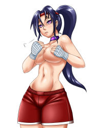 Rule 34 | areola slip, black hair, boxing, breasts, choker, clenched hands, cosplay, covering privates, covering breasts, fighting stance, fishneak, groin, kousaka shigure, ponytail, shijou saikyou no deshi ken&#039;ichi, shorts, thick thighs, thighs, topless, topless male