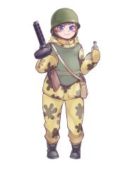 Rule 34 | 1girl, :3, alcohol, black footwear, blue eyes, blush, boots, brown hair, camouflage, camouflage jacket, camouflage pants, closed mouth, company of heroes, cross-laced footwear, full body, gun, hair between eyes, hat, helmet, holding, holding gun, holding weapon, jacket, lace-up boots, long sleeves, military, military hat, military jacket, military uniform, original, pants, portrait, ppsh-41, short hair, solo, soviet, soviet army, submachine gun, transparent background, two-tone pants, uniform, vest, vodka, weapon, world war ii, zhainan s-jun