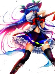 Rule 34 | 1girl, black gloves, black hat, black thighhighs, blue hair, blue skirt, boots, brown footwear, cross-laced footwear, fingerless gloves, floating hair, frilled skirt, frills, gloves, hair between eyes, hat, highres, hinanawi tenshi, holding, holding weapon, knee boots, lace-up boots, long hair, midriff, miniskirt, navel, nekominase, red eyes, shirt, short sleeves, simple background, skirt, solo, standing, stomach, thighhighs, touhou, very long hair, weapon, white background, white shirt, zettai ryouiki