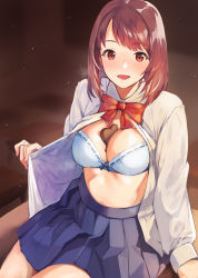Rule 34 | 1girl, :d, blue bra, blue skirt, blurry, blurry background, blush, bow, bow bra, bra, breasts, brown hair, candy, chocolate, chocolate heart, cleavage, collared shirt, commentary request, depth of field, desk, doushimasho, dress shirt, food, food between breasts, heart, highres, indoors, long hair, long sleeves, looking at viewer, medium breasts, on desk, open clothes, open mouth, open shirt, original, pleated skirt, red bow, red eyes, ribbon-trimmed bra, school desk, school uniform, shirt, sitting, on desk, skirt, smile, solo, underwear, white shirt