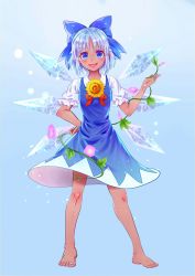 Rule 34 | 1girl, bad id, bad pixiv id, barefoot, blouse, blue background, blue eyes, blue hair, bow, cirno, dark-skinned female, dark skin, dress, artistic error, fang, flower, full body, hair bow, hand on own hip, hidden star in four seasons, highres, ice, ice wings, looking at viewer, open mouth, plant, ribbon, shirt, short hair, simple background, smile, solo, standing, sunflower, tan, tanned cirno, tomas bobo, touhou, vines, wings, wrong foot