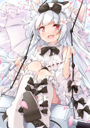 Rule 34 | 1girl, absurdres, animal ears, azur lane, bare shoulders, blush, boots, bow, cherry blossoms, cross-laced footwear, dog ears, dress, flower, hair bow, hair flower, hair ornament, highres, long hair, looking at viewer, mugi no hikyaku, open mouth, pink umbrella, red eyes, sitting, smile, solo, umbrella, white dress, white hair, yukikaze (azur lane), yukikaze (sovereign of the swing) (azur lane)