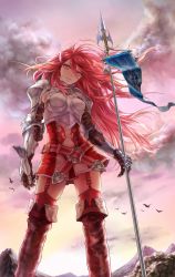 Rule 34 | 1girl, armor, bird, breastplate, cordelia (fire emblem), fire emblem, fire emblem awakening, garter straps, gauntlets, hanzoumon (purinn1014), long hair, looking at viewer, mountain, nintendo, outdoors, polearm, red eyes, red hair, red thighhighs, skirt, solo, spear, sunrise, thighhighs, thighs, weapon, zettai ryouiki