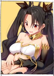 Rule 34 | 1girl, armlet, bare shoulders, black bow, black hair, blush, border, bow, breasts, bridal gauntlets, cleavage, detached sleeves, earrings, fate/grand order, fate (series), hair bow, highres, hoop earrings, ishtar (fate), jewelry, kei (soundcross), long hair, looking at viewer, medium breasts, neck ring, open mouth, parted bangs, red eyes, single detached sleeve, smile, tiara, two side up, white border, yellow background