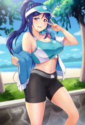 Rule 34 | 1girl, beach, belt, bike shorts, black shorts, blue hair, blue sky, blush, breasts, day, dot nose, drawstring, grey belt, hand up, high ponytail, highres, jacket, large breasts, long hair, looking at viewer, love live!, love live! sunshine!!, matsuura kanan, midriff, navel, ocean, open clothes, open jacket, outdoors, parted lips, purple eyes, short shorts, shorts, signature, single bare shoulder, sky, smile, solo, sportswear, stomach, sweat, teeth, thighs, track jacket, tree, tsumikiy, two-sided fabric, two-sided jacket, upper teeth only, v, visor cap, white jacket