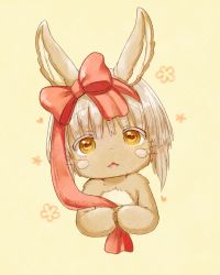 Rule 34 | 1other, :3, absurdres, animal ears, bob cut, bow, brown fur, brown hair, commentary, cropped torso, floral background, furry, hair bow, hair ribbon, heart, highres, holding, holding ribbon, horizontal pupils, inverted bob, looking at viewer, made in abyss, medium hair, nanachi (made in abyss), nina (maurururoa), other focus, own hands together, parted lips, red bow, red ribbon, ribbon, symbol-only commentary, upper body, whiskers, yellow background