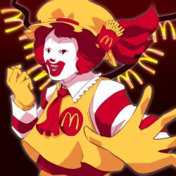 Rule 34 | 1boy, afro, ascot, clown, commentary request, cosplay, facepaint, flandre scarlet, flandre scarlet (cosplay), food, french fries, frilled shirt collar, frills, gloves, hat, hat ribbon, highres, looking at viewer, male focus, mcdonald&#039;s, mob cap, open mouth, red ascot, red background, red eyes, red hair, red ribbon, red shirt, ribbon, ronald mcdonald, shirt, short hair, skemaid, smile, solo, striped clothes, striped shirt, touhou, upper body, vest, white shirt, yellow gloves, yellow hat, yellow vest