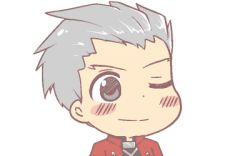 Rule 34 | 1boy, archer (fate), blush, fate/stay night, fate (series), grey eyes, grey hair, gyate gyate, ikiyouz, lowres, male focus, one eye closed, portrait, short hair, simple background, smile, solo, transparent background