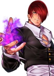 Rule 34 | 1boy, absurdres, beniazumaru, black collar, black jacket, buttons, collar, fire, hair over one eye, hand up, highres, jacket, looking at viewer, magic, male focus, one eye covered, pectoral cleavage, pectorals, pyrokinesis, red eyes, red hair, shirt, short hair, smile, solo, teeth, the king of fighters, the king of fighters &#039;95, the king of fighters xv, upper body, white background, white shirt, yagami iori