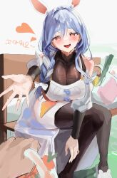 Rule 34 | 1girl, absurdres, animal ear fluff, animal ears, bag, black bodysuit, blue hair, blush, bodysuit, bow, braid, braided ponytail, breasts, dress, hair bow, heart, highres, hololive, jewelry, large breasts, looking at viewer, mature female, multicolored hair, open mouth, outstretched hand, pekomama, rabbit-shaped pupils, rabbit ears, rabbit girl, red eyes, ring, shopping bag, short eyebrows, smile, solo, streaked hair, symbol-shaped pupils, virtual youtuber, wedding ring, wellski, white bow, white dress, white hair