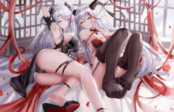 Rule 34 | 2girls, absurdres, aegir (azur lane), aegir (golden dragon among auspicious clouds) (azur lane), age fx, antenna hair, arm behind head, arm up, armpits, ass, azur lane, bare shoulders, blush, breasts, brown thighhighs, cleavage, grey hair, highres, horns, large breasts, long hair, looking at viewer, multicolored hair, multiple girls, orange eyes, prinz eugen (azur lane), prinz eugen (cordial cornflower) (azur lane), red hair, sideboob, streaked hair, thighhighs, thighs, two side up, yellow eyes