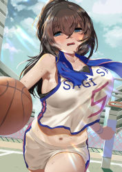 Rule 34 | 1girl, absurdres, armpits, ball, bare shoulders, basketball, basketball (object), basketball court, basketball hoop, basketball jersey, basketball uniform, blue eyes, blue sky, blush, breasts, brown hair, bsue, cloud, collarbone, curvy, day, dribbling (basketball), hair between eyes, highres, idolmaster, idolmaster cinderella girls, idolmaster cinderella girls starlight stage, large breasts, navel, open mouth, outdoors, running, sagisawa fumika, short shorts, shorts, sideboob, sky, solo, sportswear, sweat, sweatdrop, thighs, wristband