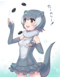 Rule 34 | 10s, 1girl, animal ears, blush, check translation, collarbone, commentary request, cowboy shot, elbow gloves, fingerless gloves, frilled swimsuit, frills, fur collar, gloves, grey hair, juggling, kemono friends, one-piece swimsuit, otter ears, otter tail, pebble, roozin, short hair, sleeveless, small-clawed otter (kemono friends), solo, swimsuit, tail, translation request, white hair