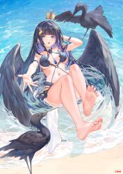 Rule 34 | 1girl, artist name, atdan, bare shoulders, barefoot, beach, bikini, bird, black hair, black wings, blue eyes, breasts, crown, feathers, feet, hair ornament, highres, large breasts, light blush, long hair, looking at viewer, mini crown, navel, no shoes, open mouth, original, soles, swimsuit, toes, water, wings
