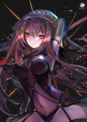 Rule 34 | 1girl, armor, bodysuit, breasts, covered navel, dual wielding, fate/grand order, fate (series), gae bolg (fate), hair between eyes, holding, holding weapon, jewelry, large breasts, long hair, looking at viewer, mirutu, mirutulove, pauldrons, polearm, purple bodysuit, purple hair, red eyes, scathach (fate), shoulder armor, smile, solo, weapon