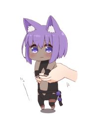 Rule 34 | 1girl, :3, animal ear fluff, animal ears, bare shoulders, barefoot, black bodysuit, black sleeves, blush, bodysuit, cat ears, center opening, chibi, closed mouth, dark-skinned female, dark skin, detached sleeves, fate/prototype, fate/prototype: fragments of blue and silver, fate (series), hair between eyes, hassan of serenity (fate), holding, i.u.y, kemonomimi mode, long sleeves, longcat (meme), meme, out of frame, purple eyes, purple hair, shadow, simple background, sleeves past wrists, solo focus, white background