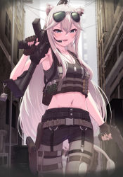 Rule 34 | 1girl, :d, alternate costume, animal ears, black nails, bowsan, buckle, cowboy shot, dog tags, explosive, eyewear on head, fang, fingerless gloves, gloves, grenade, grey eyes, grey pantyhose, gun, headset, highres, hololive, holster, holstered, lion ears, lion girl, lion tail, long hair, looking at viewer, nail polish, navel, open mouth, outdoors, pantyhose, pantyhose under shorts, shishiro botan, shishiro botan (button-down), shorts, smile, snap-fit buckle, solo, ssrb (shishiro botan), stomach, sunglasses, tail, tank top, torn clothes, torn pantyhose, virtual youtuber, weapon, weapon on back, weapon request, white hair