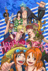 Rule 34 | 2girls, 6+boys, arm up, bandana, black hair, black pants, blazer, blonde hair, blue hair, brook (one piece), chain, cigarette, closed eyes, collarbone, collared shirt, cyborg, dress, earrings, eyewear on head, franky (one piece), gloves, goggles, goggles on head, green hair, hand on another&#039;s shoulder, hand up, haramaki, hat, headband, helmet, highres, holding, horns, jacket, jewelry, long sleeves, looking at another, looking at viewer, looking away, monkey d. luffy, multiple boys, multiple girls, nami (one piece), necklace, nico robin, one eye closed, one piece, one piece: strong world, open clothes, open jacket, orange hair, pants, pink hair, pink shirt, roronoa zoro, sanji (one piece), sash, scar, shirt, short dress, short hair, short sleeves, skeleton, sleeveless, sleeveless shirt, smile, straw hat, striped clothes, striped dress, striped sweater, sunglasses, sweater, sweater dress, teeth, tony tony chopper, twintails, usopp, v-neck, white gloves