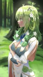 Rule 34 | 1girl, absurdres, antlers, branch, breasts, ceres fauna, cleavage, crossed arms, fake antlers, forest, green hair, hair rings, highres, hololive, hololive english, horns, leaf, medium breasts, medium hair, moss, nail polish, nature, outdoors, smile, standing, straight hair, tree, virtual youtuber, wavy hair, yamaharu (xxzf7284), yellow eyes