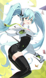 Rule 34 | 1girl, absurdres, aqua eyes, aqua hair, arched back, ass, asymmetrical bodysuit, black bodysuit, black gloves, black thighhighs, bodysuit, breasts, confetti, covered navel, crop top, crop top overhang, cropped jacket, feet out of frame, flag, flagpole, flame print, from side, gloves, green gloves, hair between eyes, hatsune miku, headphones, headset, highres, holding, holding flag, holding pole, jacket, long hair, long sleeves, looking at viewer, open mouth, pole, race queen, racing miku, racing miku (2022), shiny clothes, sideways glance, single thighhigh, smile, smiley face, solo, strap, thighhighs, three twosix, twintails, two-tone gloves, very long hair, vocaloid, white jacket