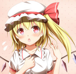 Rule 34 | 1girl, blonde hair, blush, chestnut mouth, female focus, flandre scarlet, flying sweatdrops, hand on own chest, hat, hat ribbon, kuroganeruto, open mouth, pink background, pink eyes, puffy sleeves, ribbon, shirt, short sleeves, side ponytail, solo, touhou, unbuttoning, upper body, wings