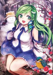 Rule 34 | 1girl, ahoge, bare shoulders, bird, breasts, cherry blossoms, common kingfisher, detached sleeves, frog hair ornament, green eyes, green hair, hair ornament, hair tubes, kochiya sanae, large breasts, long hair, looking at viewer, matching hair/eyes, moni (credo), open mouth, path, pyonta, road, sitting, snake hair ornament, snowing, snowman, solo, touhou, branch