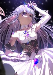 Rule 34 | 1girl, :o, blush, bridal gauntlets, chest jewel, circlet, colored inner hair, detached collar, dress, erotipop, gem, grey hair, highres, hololive, hololive english, jewel under eye, koseki bijou, koseki bijou (1st costume), long hair, looking at viewer, multicolored hair, open mouth, parted lips, pink hair, purple eyes, solo, virtual youtuber, white bridal gauntlets, white dress
