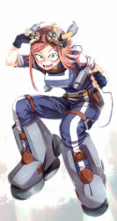 Rule 34 | 1girl, :o, boku no hero academia, boots, breasts, brown hair, fingerless gloves, full body, gloves, goggles, goggles on head, hatsume mei, looking at viewer, medium breasts, medium hair, sakurai energy, simple background, solo, symbol-shaped pupils, u.a. gym uniform, white background