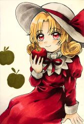 Rule 34 | 1girl, apple, blonde hair, blush, commentary request, curly hair, dress, elly (touhou), food, frills, fruit, hat, hat ribbon, highres, juliet sleeves, long dress, long sleeves, maa (forsythia1729), medium hair, puffy sleeves, red dress, red eyes, red neckwear, red ribbon, ribbon, sitting, smile, sun hat, touhou, touhou (pc-98), traditional media, white hat