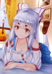 Rule 34 | 1girl, absurdres, alternate costume, bare shoulders, blue skirt, blurry, blurry background, bow, bra, bra strap, breasts, brown footwear, cleavage, commentary request, fang, fang out, fujiwara no mokou, guitar, hair bow, highres, indoors, instrument, long hair, looking at viewer, lying, medium breasts, miniskirt, off-shoulder shirt, off shoulder, on stomach, pantyhose, picture frame, pleated skirt, red eyes, see-through, shirt, shoes, short sleeves, sidelocks, silver hair, skin fang, skirt, smile, solo, striped bra, striped clothes, thick eyebrows, touhou, underwear, wei ji, white bow, white pantyhose, white shirt