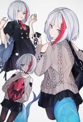 Rule 34 | 1girl, abae, admiral graf spee (azur lane), admiral graf spee (girl&#039;s sunday) (azur lane), admiral graf spee (peaceful daily life) (azur lane), aran sweater, azur lane, bag, blue eyes, bugles, bugles (food), bugles on fingers, cable knit, cellphone, cellphone charm, charm (object), clothing cutout, dress, fins, fish tail, food on hand, handbag, highres, multicolored hair, multiple views, pantyhose, phone, red hair, rigging, shark tail, short hair, shoulder cutout, sidelocks, silver hair, simple background, skirt, streaked hair, sweater, tail