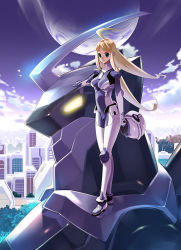 Rule 34 | 1girl, ahoge, blonde hair, blue eyes, blush, bodysuit, breasts, brown eyes, building, city, cityscape, full body, looking at viewer, mecha, original, outdoors, pilot suit, plugsuit, robot, size difference, skin tight, solo, standing, tensugi takashi, yellow eyes