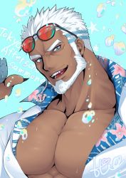Rule 34 | 1boy, aegir (housamo), anchor earrings, aqua hair, bara, beard, blue background, blue eyes, bubble, dark-skinned male, dark skin, earrings, eyewear on head, facial hair, fangs, fangs out, fish boy, highres, hio tksr05, jewelry, large pectorals, male focus, mature male, multicolored hair, muscular, muscular male, open clothes, open mouth, open shirt, pectorals, pointing, pointing at self, scales, short hair, signature, single earring, smile, solo, streaked hair, sunglasses, thick eyebrows, tokyo houkago summoners, twitter username, white hair