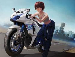 Rule 34 | 1girl, breasts, brown eyes, brown hair, city, cleavage, clothes around waist, highres, jittsu, jumpsuit, looking at viewer, motor vehicle, motorcycle, navel, original, pants, side ponytail, sleeveless, small breasts, smile, solo, tank top