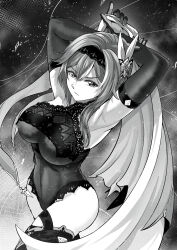 Rule 34 | 1girl, :/, absurdres, alternate costume, armpits, arms behind head, arms up, boots, breasts, cape, closed mouth, cowboy shot, crossed legs, dutch angle, elbow gloves, eula (genshin impact), genshin impact, gloves, greyscale, hair between eyes, hair ornament, highres, holding, holding cape, holding clothes, laba laba batu, large breasts, light particles, looking to the side, medium hair, monochrome, sidelocks, solo, taut bodystocking, thigh boots, thread