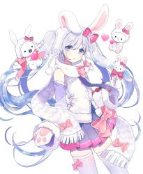 Rule 34 | 1girl, animal, animal ears, animal hands, blue hair, blush, bow, bowtie, cat, crossover, detached sleeves, fake animal ears, gloves, hair between eyes, hair bow, hatsune miku, heart, hello kitty, hello kitty (character), highres, long hair, long image, looking at viewer, miniskirt, multicolored hair, open mouth, paw gloves, pleated skirt, purple eyes, rabbit, rabbit ears, rabbit yukine, sanrio, scarf, simple background, skirt, snowflakes, standing, tall image, thighhighs, twintails, very long hair, vocaloid, white background, yuki miku, yur1ca
