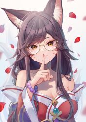 Rule 34 | 1girl, ahri (league of legends), animal ears, bare shoulders, bead bracelet, beads, bespectacled, black hair, bracelet, breasts, brown eyes, cleavage, closed mouth, facial mark, fox ears, fox girl, fox tail, glasses, hand up, highres, index finger raised, jewelry, large breasts, league of legends, looking at viewer, momoirone, petals, smile, solo, tail, whisker markings