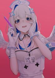 Rule 34 | 1girl, absurdres, amane kanata, amane kanata (nurse), angel, angel wings, blue hair, blush, collar, detached collar, dress, gloves, grey hair, hair intakes, hand on own face, hat, highres, holding, holding syringe, hololive, id card, looking at viewer, nurse, nurse cap, official alternate costume, open mouth, pink background, purple eyes, smallpine 7, smile, solo, syringe, teeth, upper teeth only, virtual youtuber, white collar, white dress, white gloves, white hat, wings